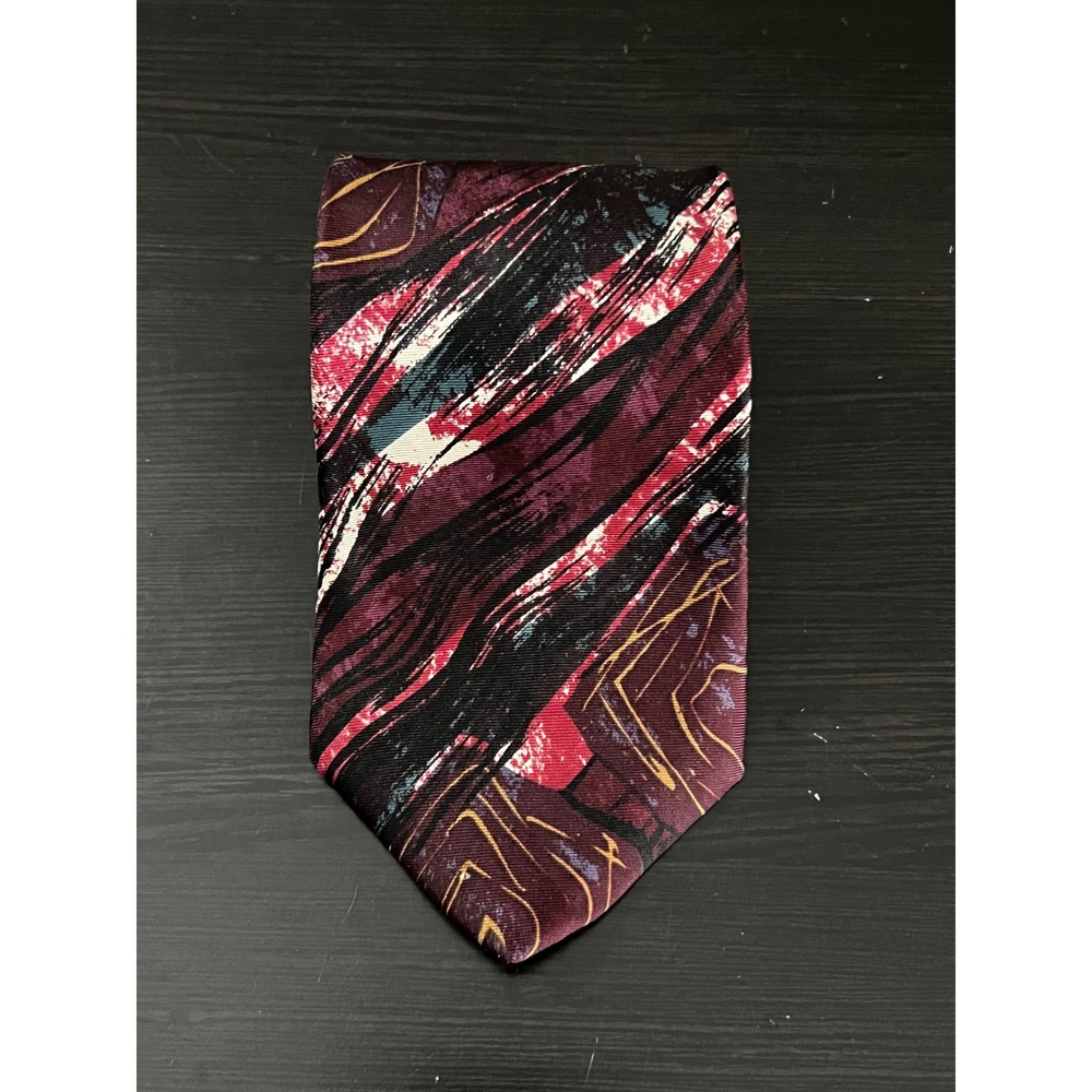 Salvatori Mens Silk Necktie Abstract Brushstroke Burgundy Black Red Made in‎ USA